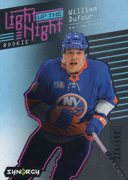 insert RC karta WILLIAM DUFOUR 23-24 Synergy Light Up The Night Rookie Blue /499